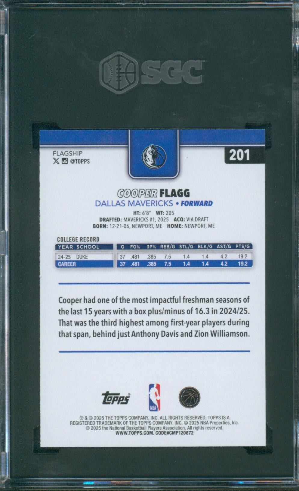 2025-26 Topps Basketball Cooper Flagg #201 SGC 10