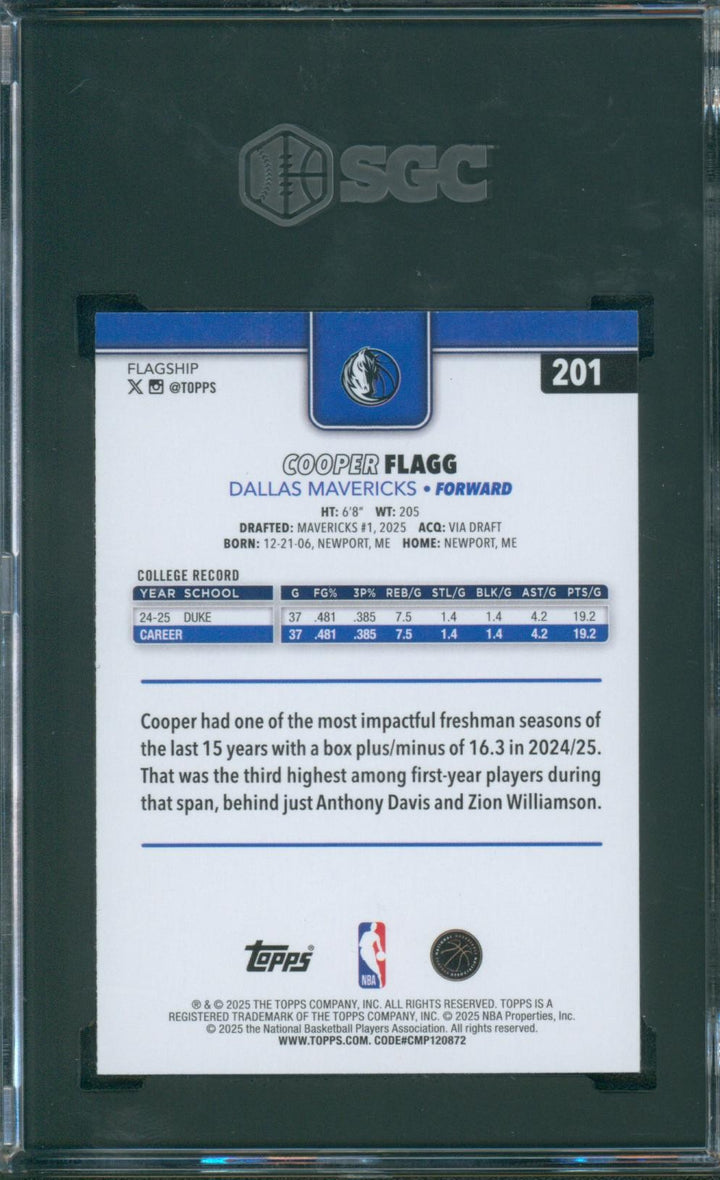 2025-26 Topps Basketball Cooper Flagg #201 SGC 10