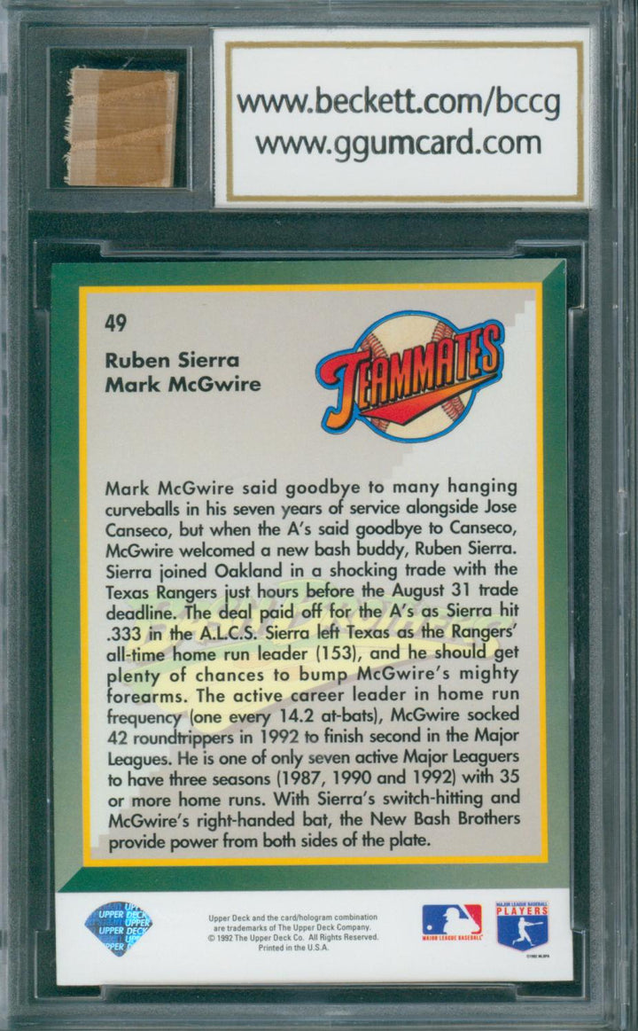 1993 Upper Deck Baseball Ruben Sierra/ Mark McGwire #49 BCCG 10