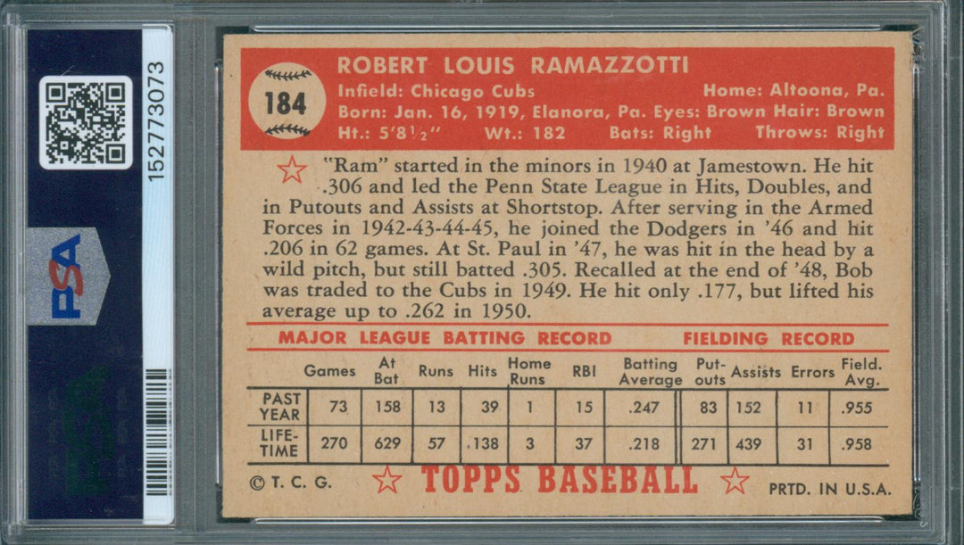 1952 Topps Baseball Bob Ramazzotti #184 PSA 6 EX-MT