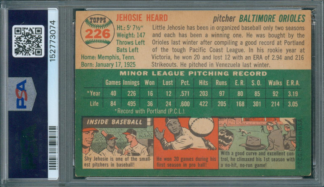 1954 Topps Baseball Jehosie Heard #226 PSA 4 VG-EX