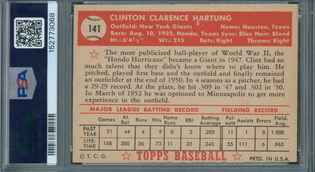 1952 Topps Baseball Clint Hartung #141 PSA 6 EX