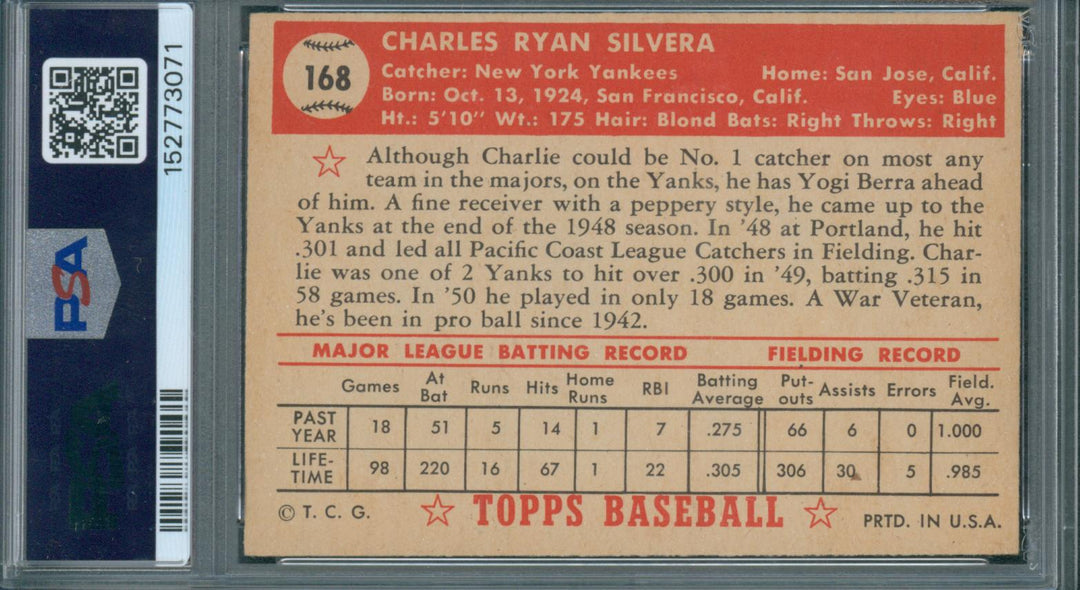 1952 Topps Baseball Charlie Silvera #168 PSA 5 EX
