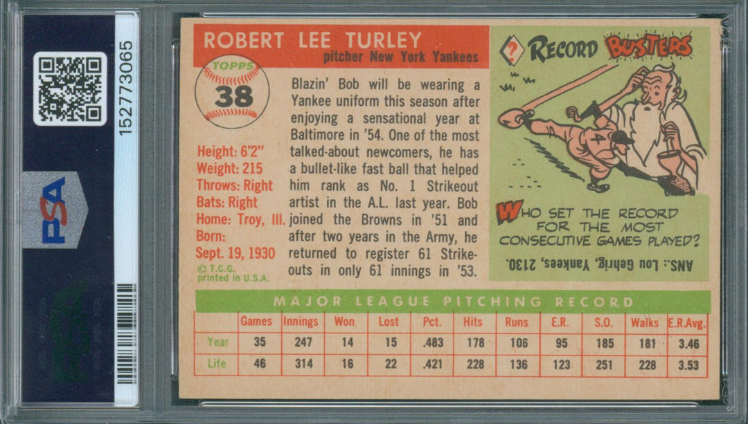 1955 Topps Baseball Bob Turley #38 PSA 5 EX