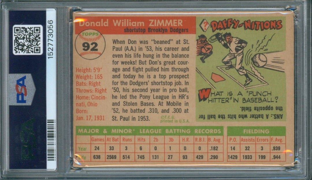 1955 Topps Baseball Don Zimmer RC #92 PSA 5 EX