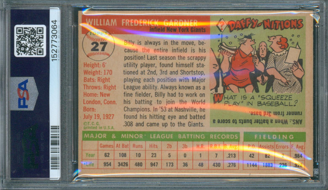 1955 Topps Baseball Billy Gardner #27 PSA 6 EX-MT