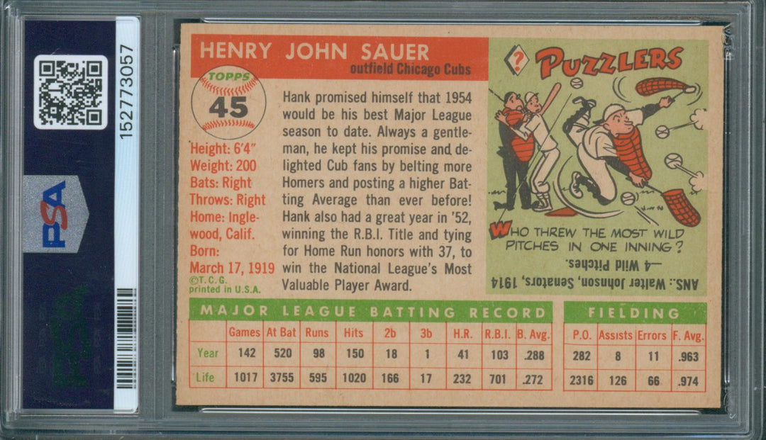 1955 Topps Baseball Hank Sauer #45 PSA 6 EX-MT