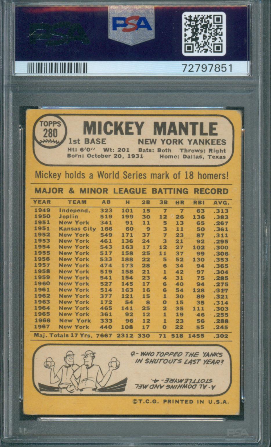 1968 Topps Mickey Mantle #280 PSA 2 Good