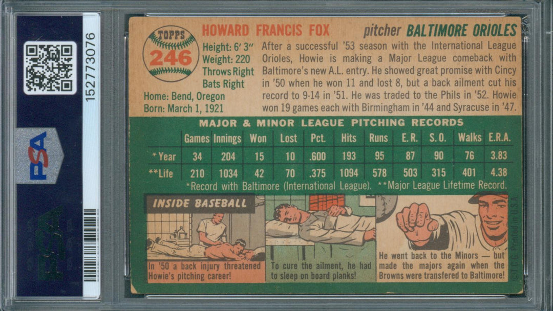 1954 Topps Baseball Howie Fox #246 PSA 3 VG