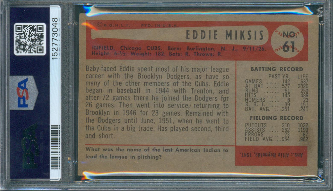 1954 Bowman Baseball Eddie Miksis #61 PSA 5 EX