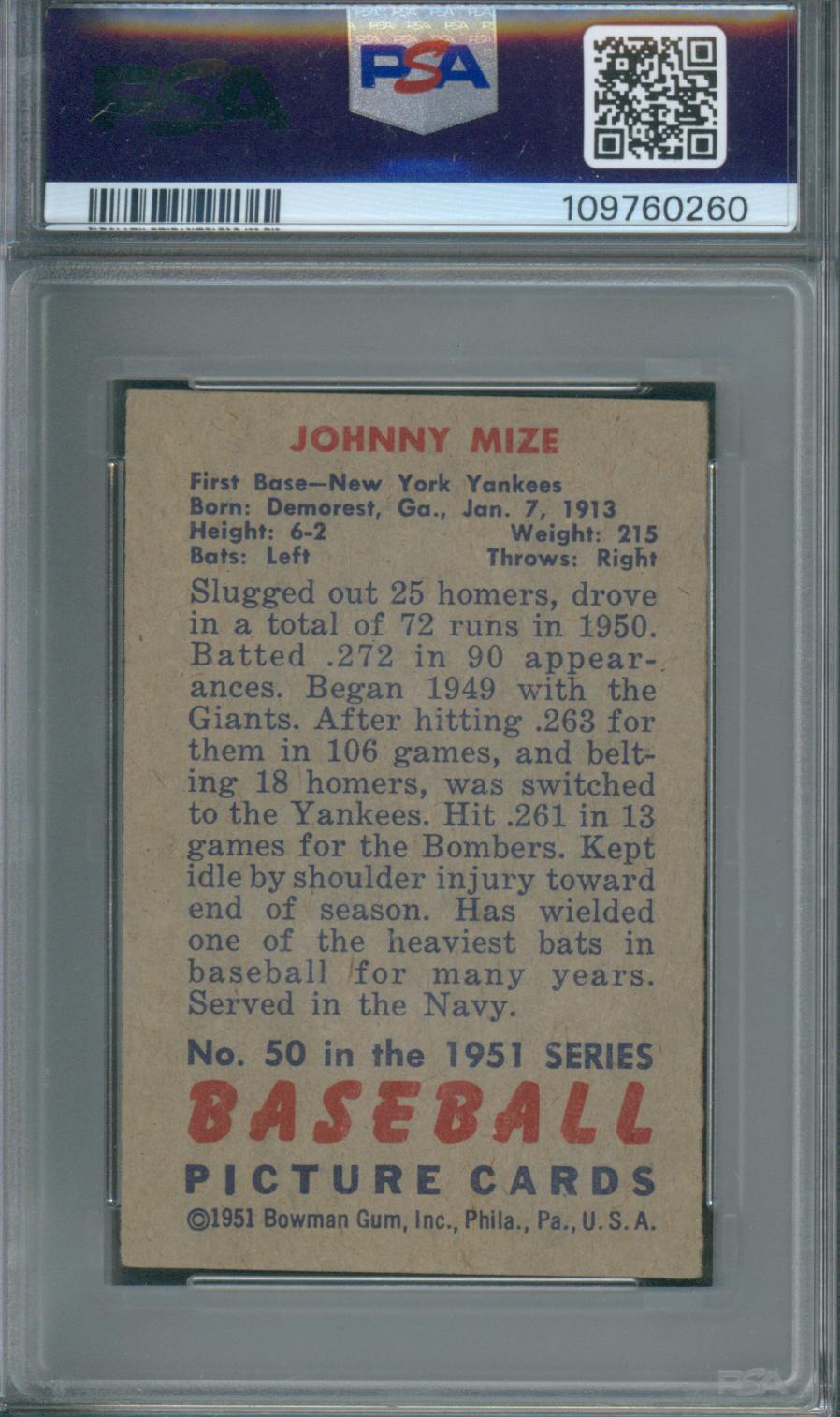 Bowman Baseball Johnny Mize #50 VG-EX PSA 4