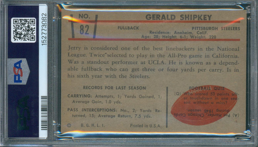 1953 Bowman Football Jerry Shipkey #82 PSA 6 EX-MT