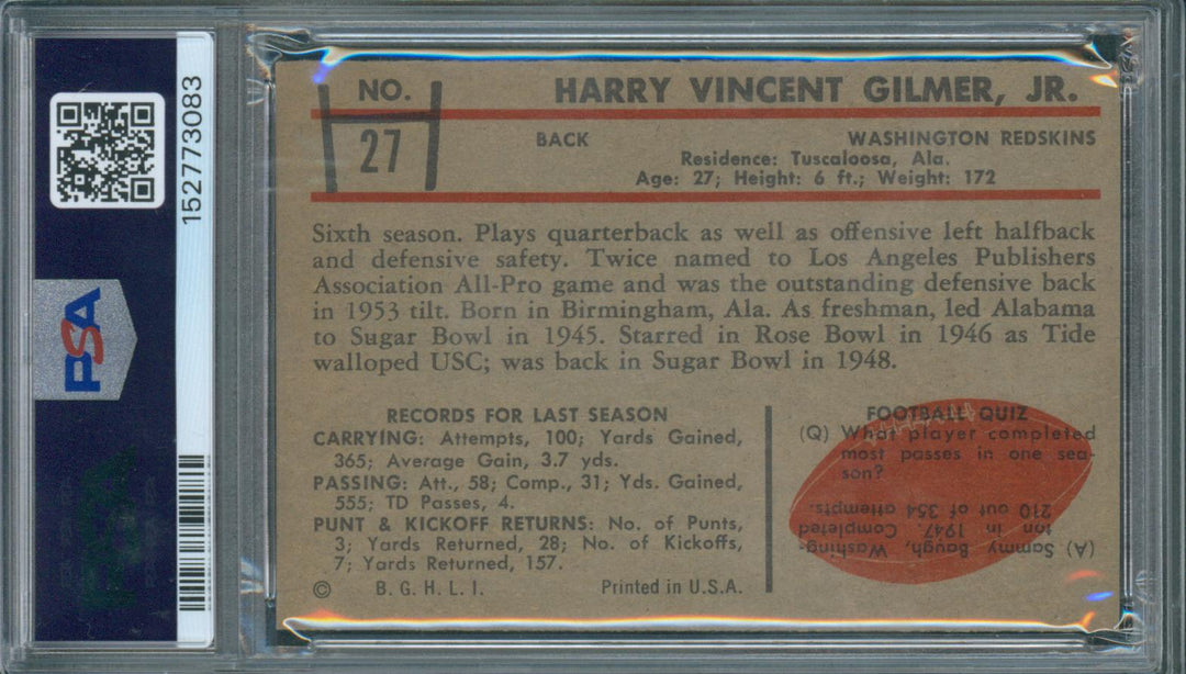 1953 Bowman Football Harry Gilmer #27 PSA 6 EX-MT