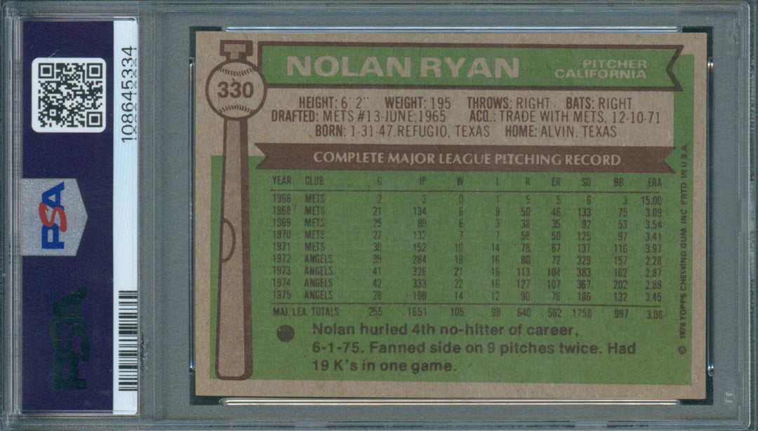 1976 Topps Baseball  Nolan Ryan #330 PSA 7 NM