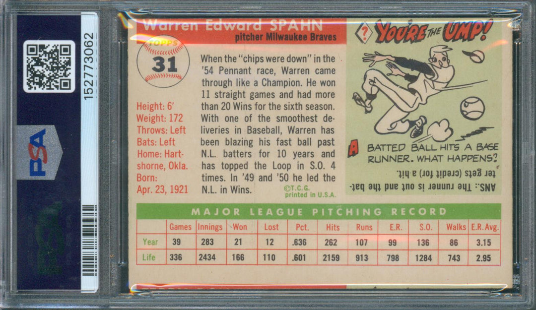 1955 Topps Baseball Warren Spahn #31 PSA 6 (MC) EX-MT