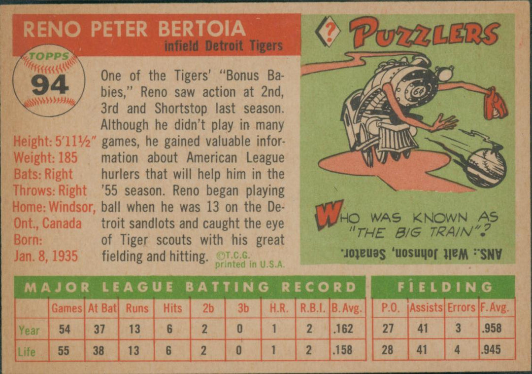 1955 Topps Baseball Reno Bertoia #94 SGC 7