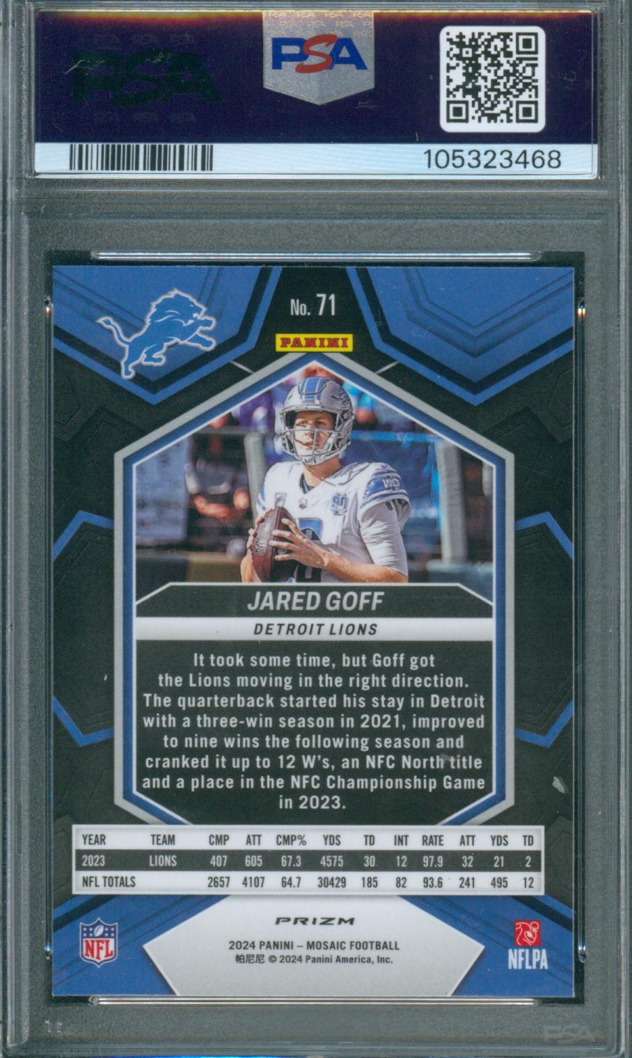 2024 Mosaic Football Jared Goff Prizm #71 PSA 9