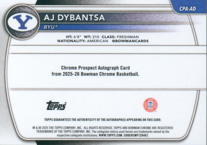 2025 Bowman Chrome U Basketball AJ Dybantsa Blue Mojo Auto #'d 110/150