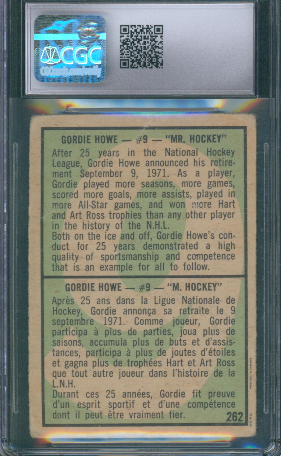 1971-72 O-Pee-Chee Hockey Gordie Howe #262 CGC 1.5 Fair