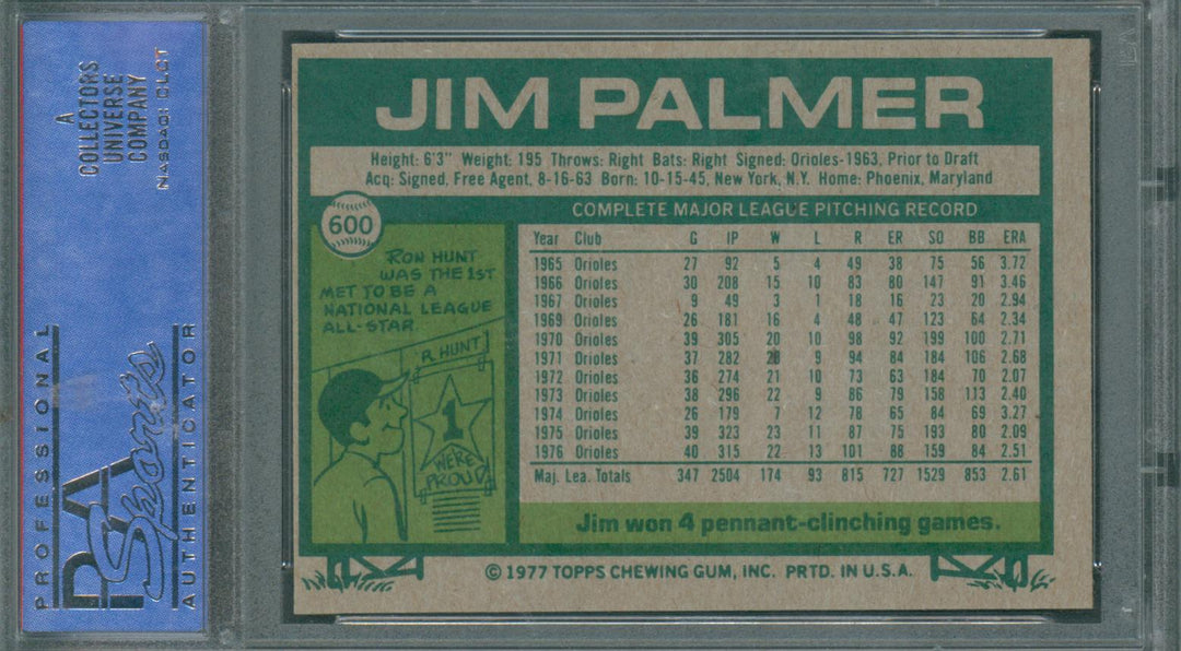 1977 Topps Baseball Jim Palmer #600 PSA 8 NM-Mint
