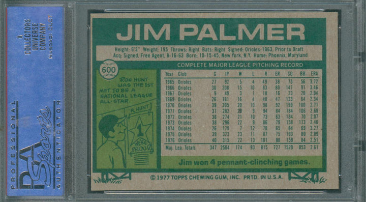 1977 Topps Baseball Jim Palmer #600 PSA 8 NM-Mint