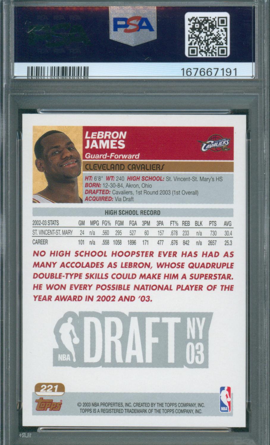 2003 Topps Basketball #221 LeBron James RC #221 PSA 10 Gem Mint
