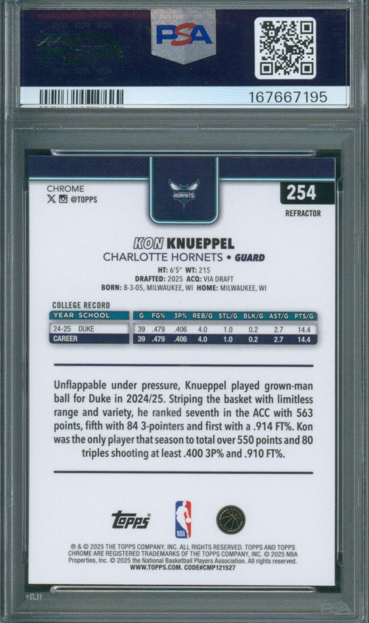 2025 Topps Chrome Basketball  Kon Knueppel RC #254 Refractor PSA 10 GEM Mint