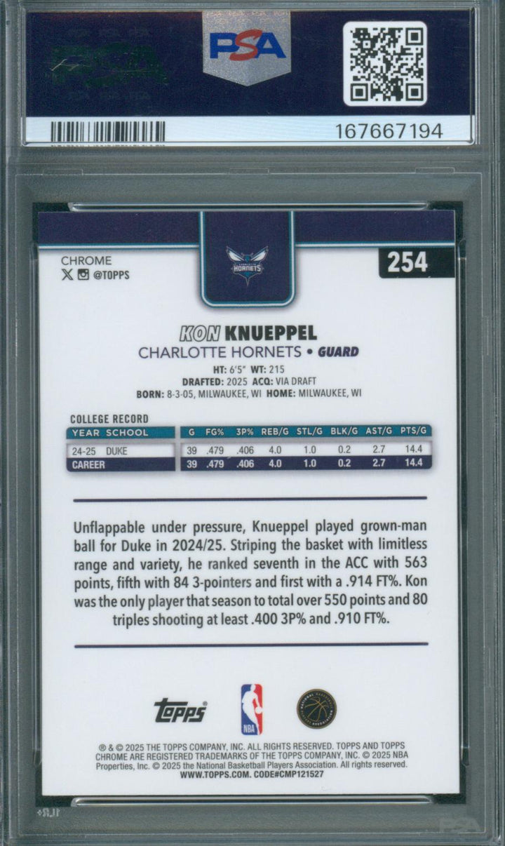 2025 Topps Chrome Basketball Kon Knueppel RC #254 X-Fractor PSA 10 Mint