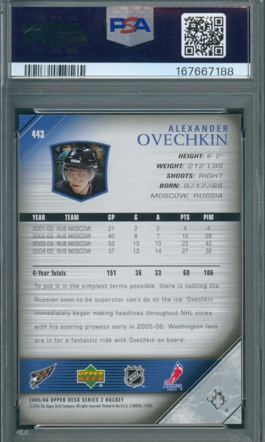 2005 Upper Deck Hockey Alexander Ovechkin RC #443 PSA 9 Mint