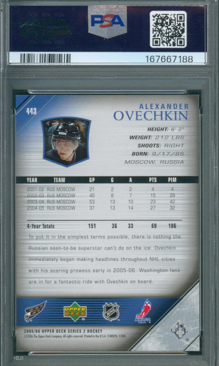 2005 Upper Deck Hockey Alexander Ovechkin RC #443 PSA 9 Mint