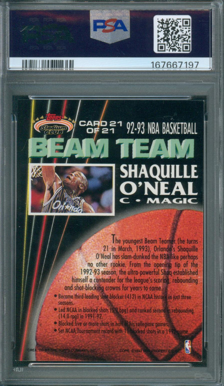 1992 Stadium Club Basketball Shaquille O'Neal #21 Beam Team PSA 7 NM