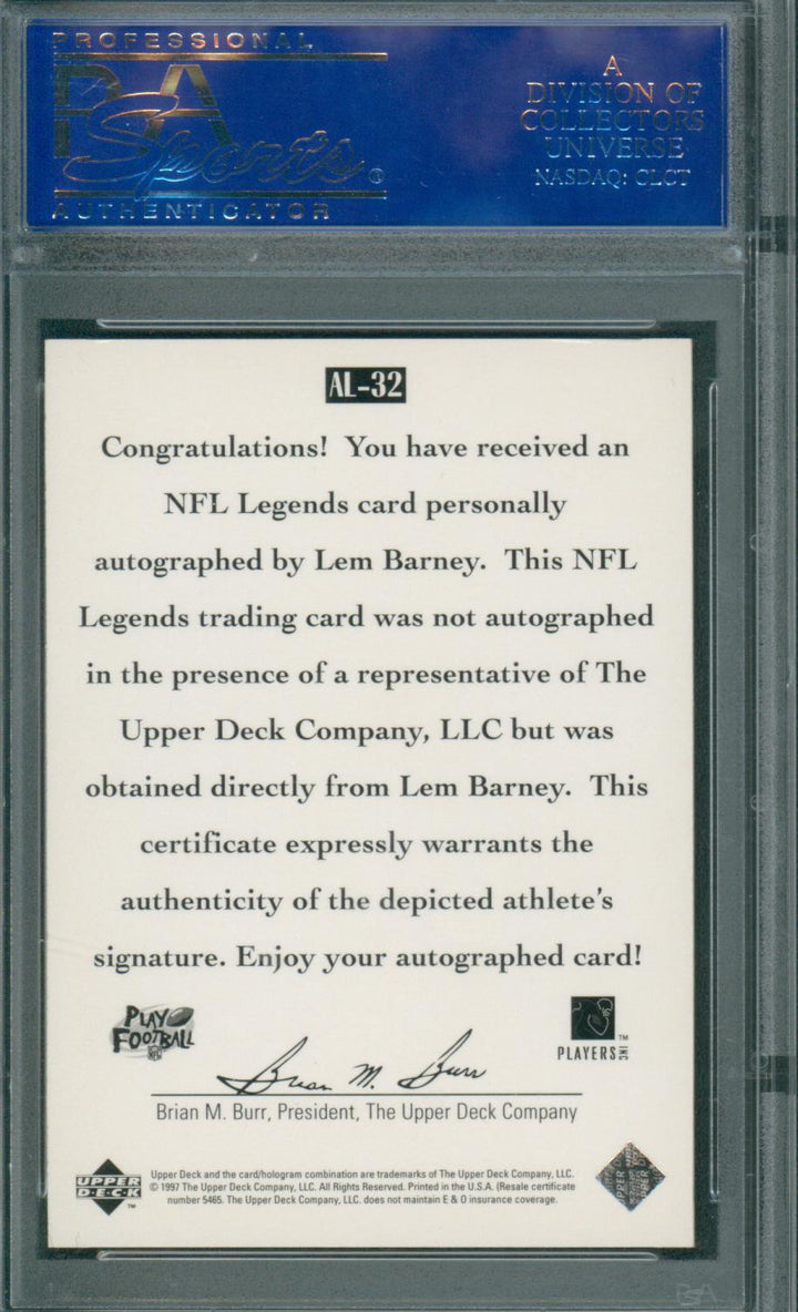 1997 Upper Deck Legend Lem Barney #AL-32 PSA/DNA Certified Authentic Auto