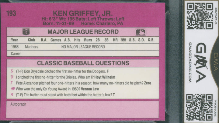 1989 Classic Purple Baseball Ken Griffey Jr. #193 GMA 8.5