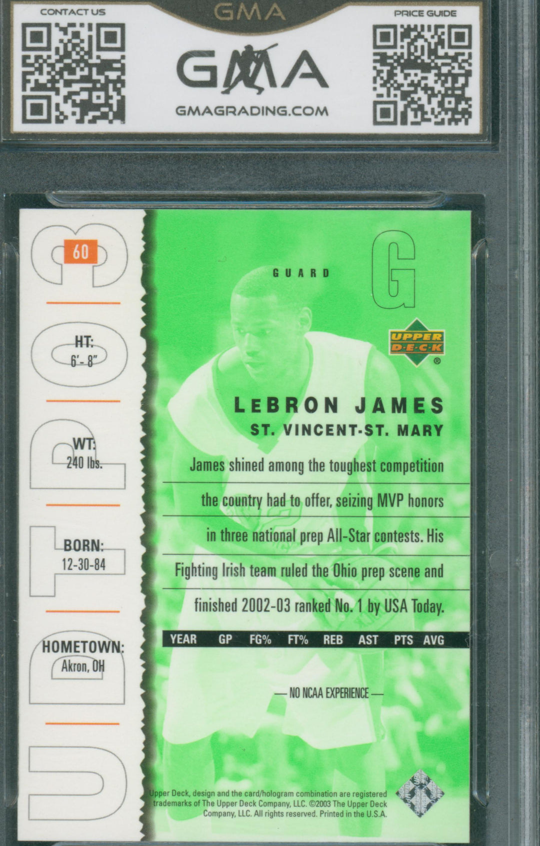 2003 UD Top Prospects Basketball Lebron James #60 GMA 8.5