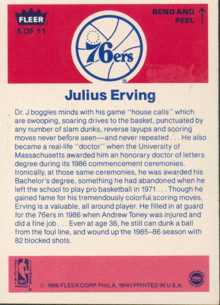 1986-87 Fleer Basketball Julius Erving #5 Sticker