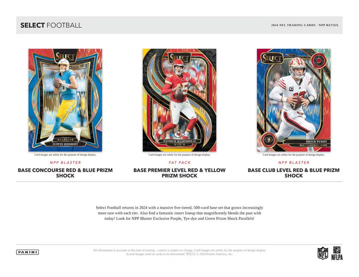 2024 Panini Select Football 6-Pack Blaster Box (Red & Blue Prizms!)
Each Blaster contains Three Red & Blue Prizm Die-Cuts and One Silver Die-Cut, on average!
Look for One Autograph and Three Memorabilia cards per Blaster case!
Look for NPP Blaster...