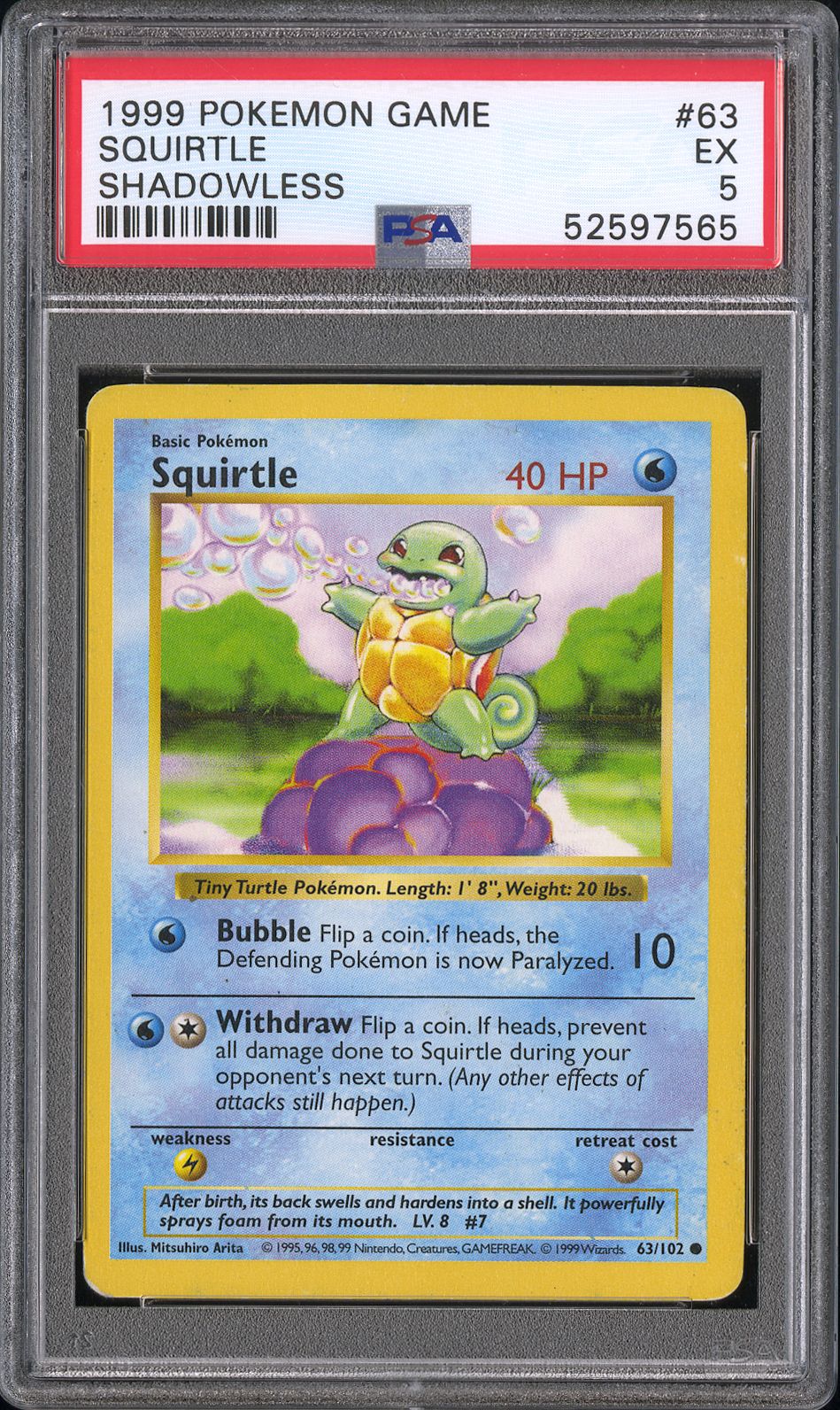 Pokemon 1999 Squirtle Shadowless #63 PSA 5
