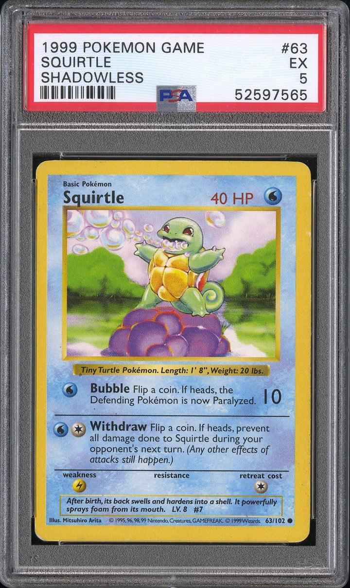 Pokemon 1999 Squirtle Shadowless #63 PSA 5