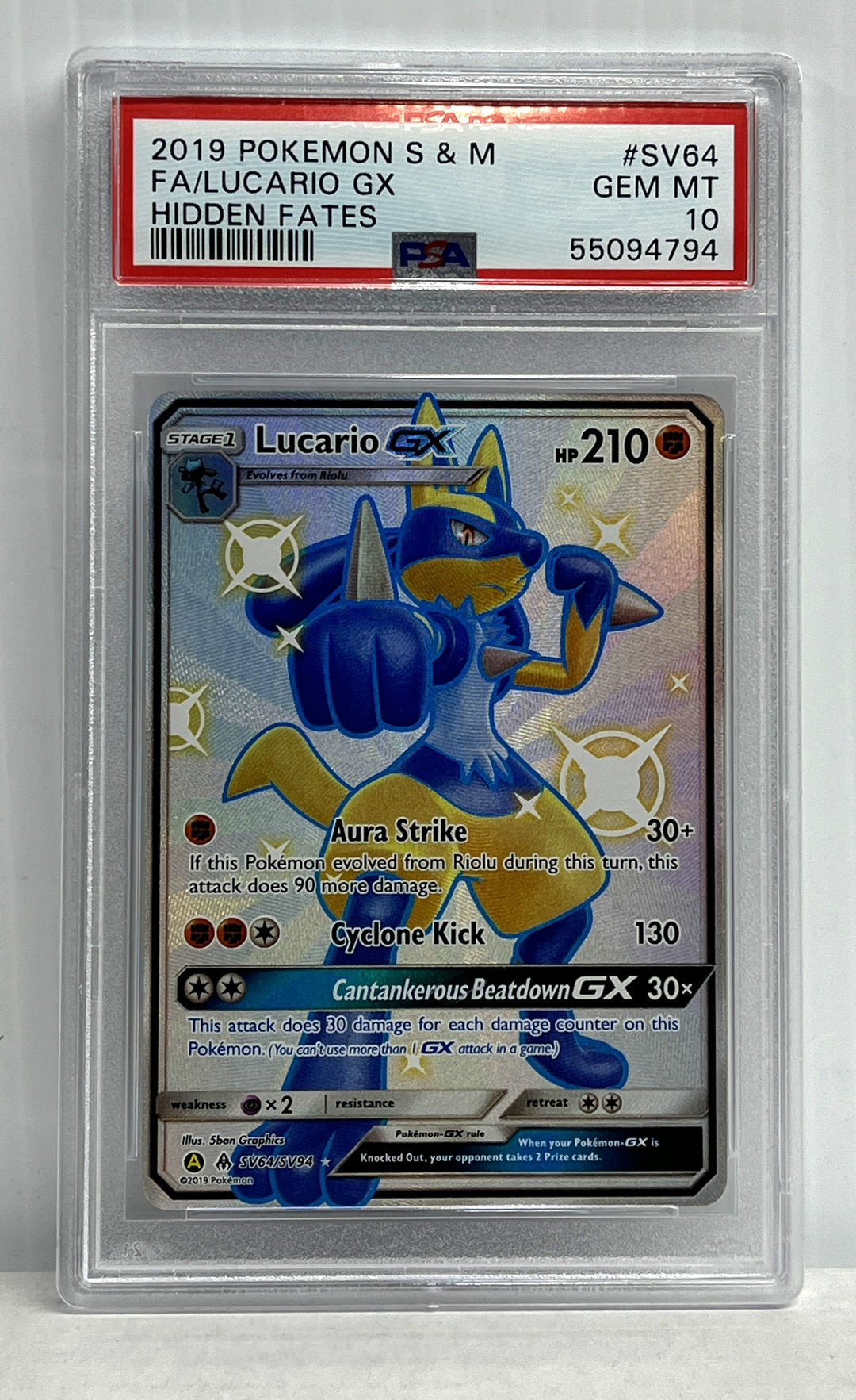 Pokemon 2019 Sun & Moon Hidden Fates #SV64 FA/Lucario GX PSA 10