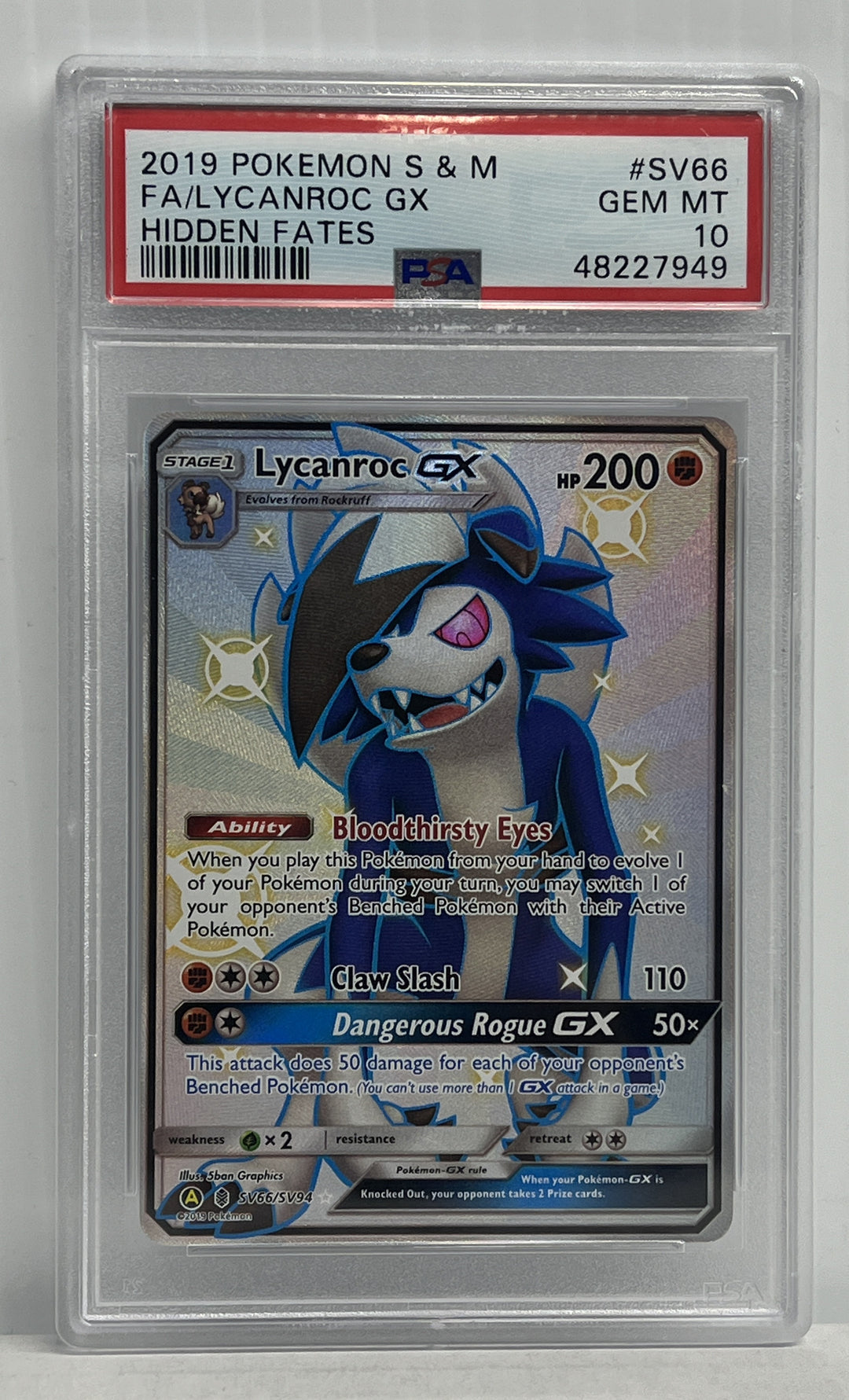 Pokemon 2019 Sun & Moon Hidden Fates #SV66 FA/Lycanroc GX PSA 10