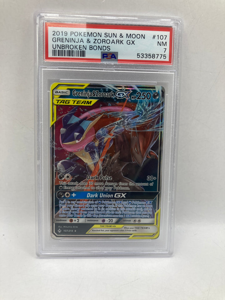 Pokemon 2019 Sun & Moon Greninja & Zoroark Gx Unbroken Bonds #107 PSA 7