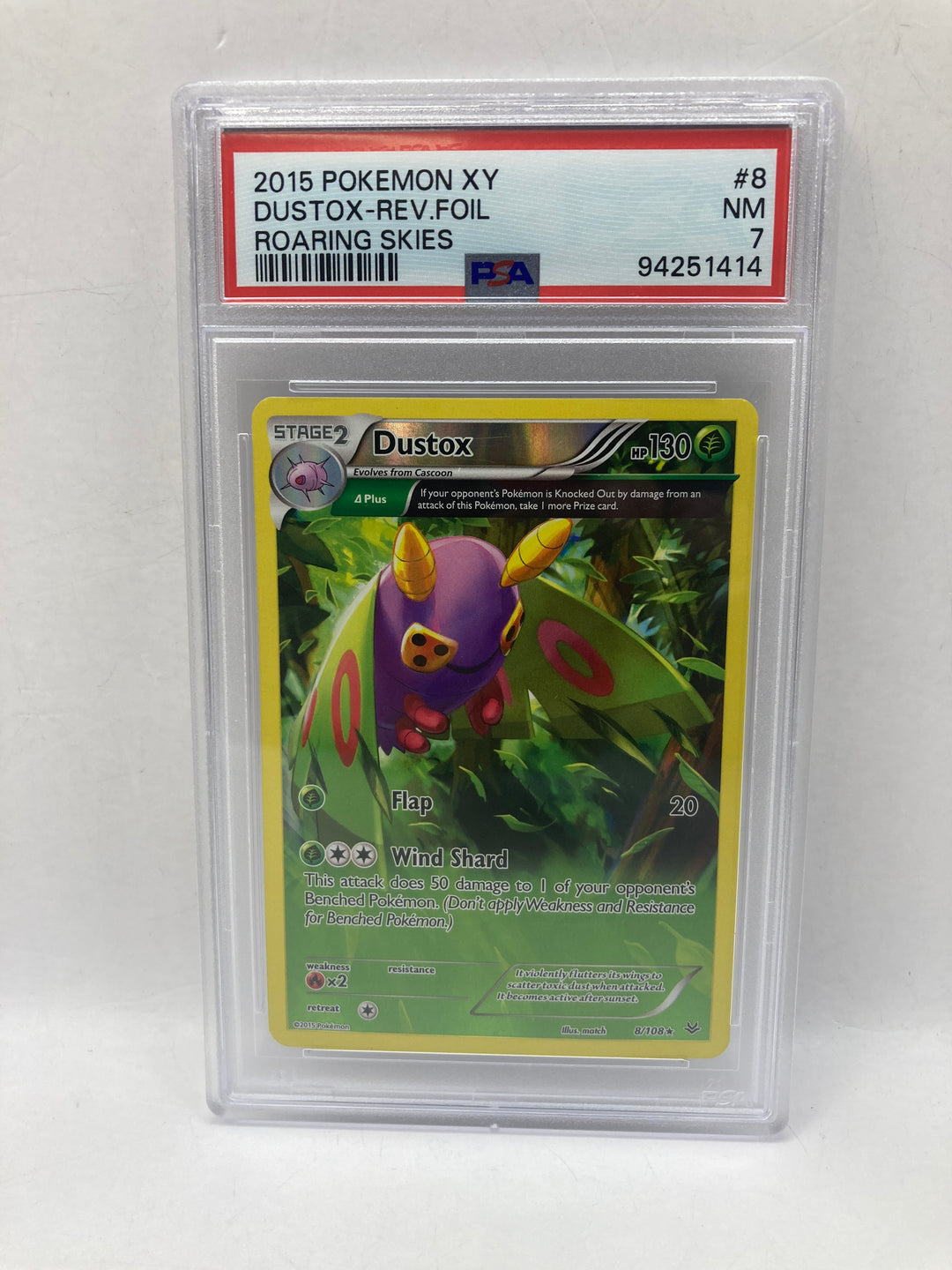 Pokemon 2015 XY Dustox Rev. Foil Roaring Skies #8 PSA 7