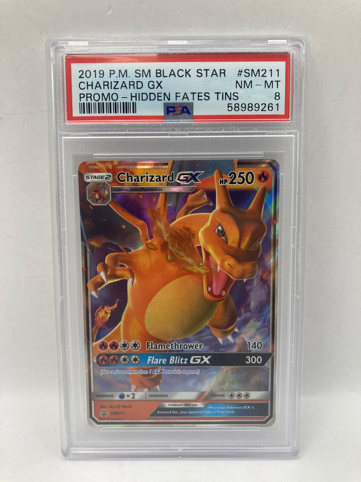 Pokemon 2019 PM SM Black Star Charizard Gx Promo Hidden Fates Tins #SM211 PSA 8