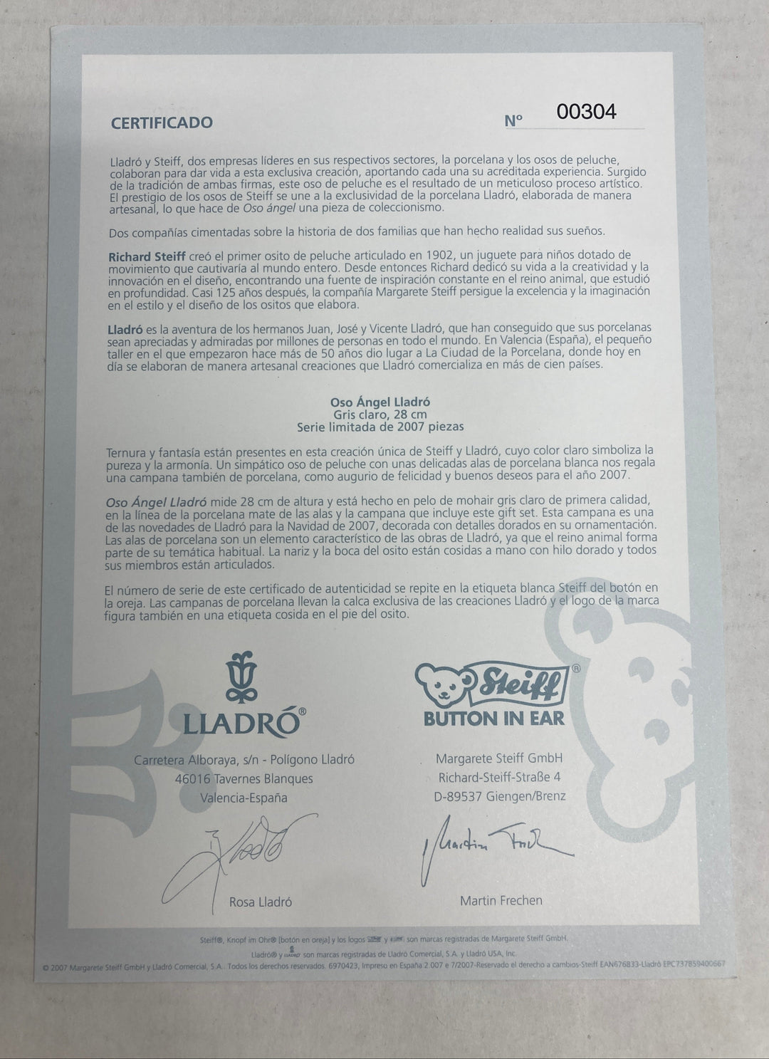 Steiff Lladro Angel Teddy Bear & Bell Ornament 676833 #304 of 2007