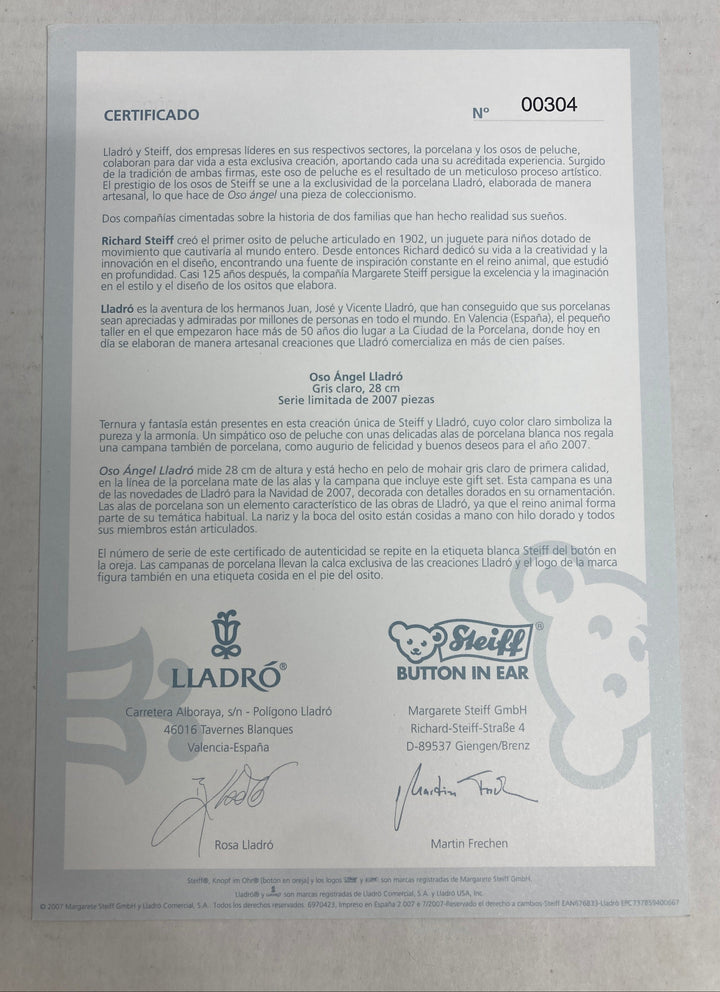 Steiff Lladro Angel Teddy Bear & Bell Ornament 676833 #304 of 2007