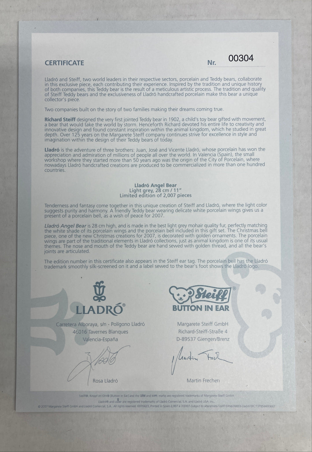 Steiff Lladro Angel Teddy Bear & Bell Ornament 676833 #304 of 2007