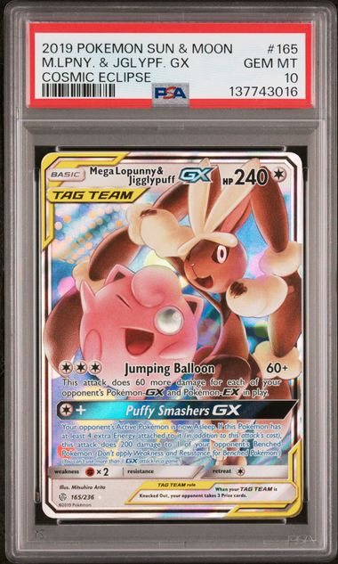 Pokemon 2019 Sun & Moon Cosmic Eclipse #165 M.LPNY. & JGLYPF. GX - PSA 10