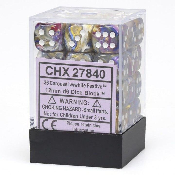 12mm 36Ct D6 Dice Block: Festive Carousel/White