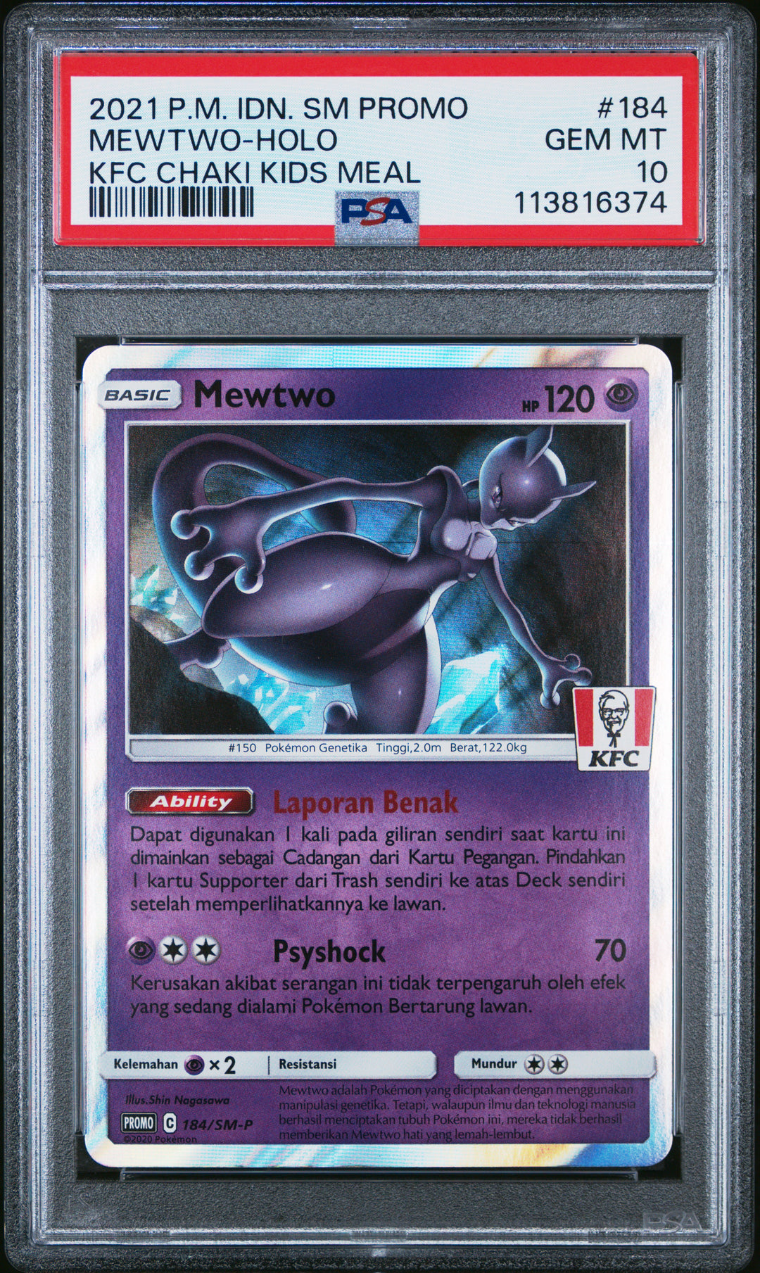 Pokemon 2021 Indonesian SM Promo #184 Mewtwo-Holo KFC Chaki Kids Meal PSA 10