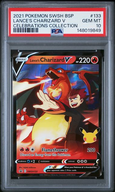 Pokemon 2021 SWSH BSP #133 Lance's Charizard V Celebrations Collection PSA 10